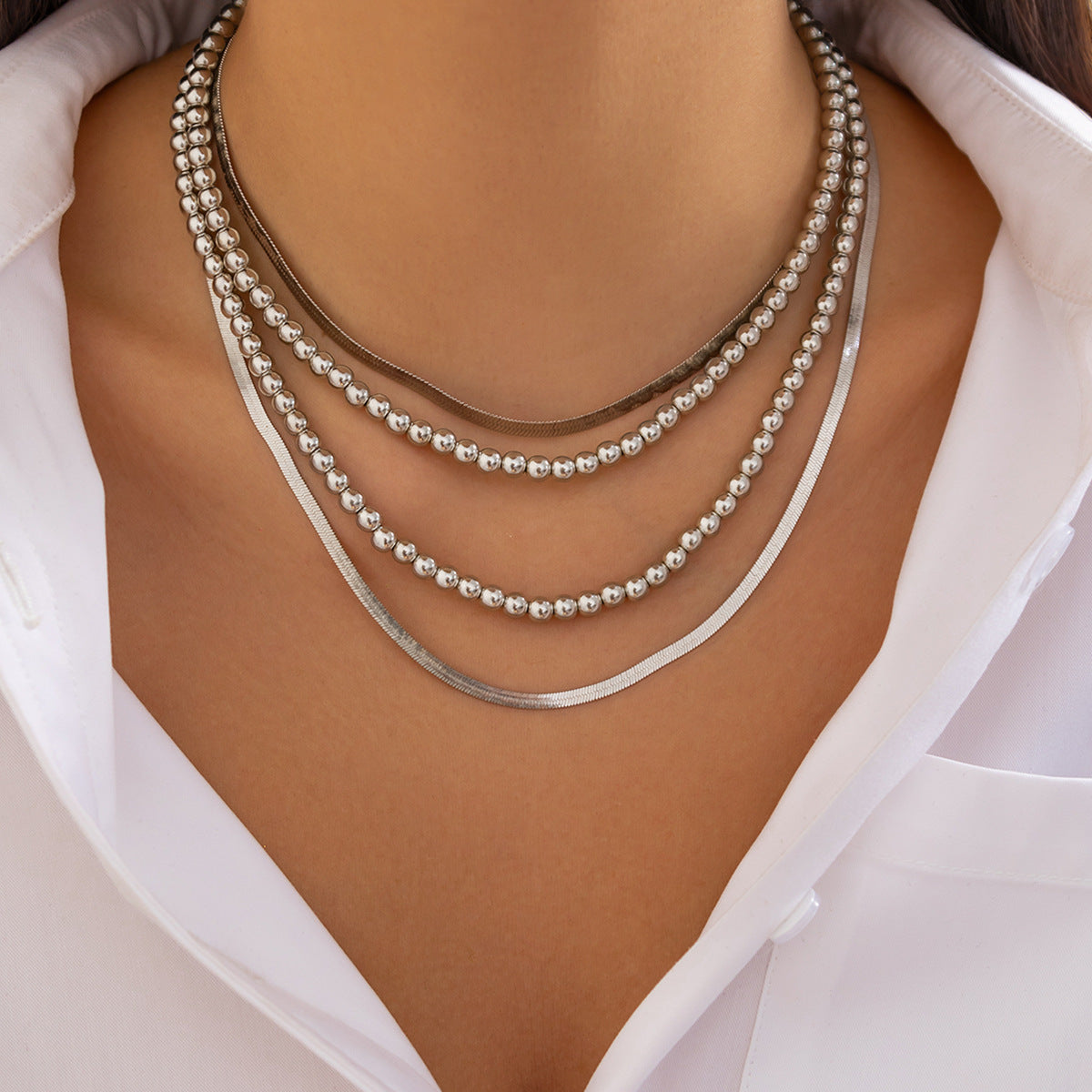 Hip hop style bead flat snake chain necklace set, geometric metal chain, collarbone chain