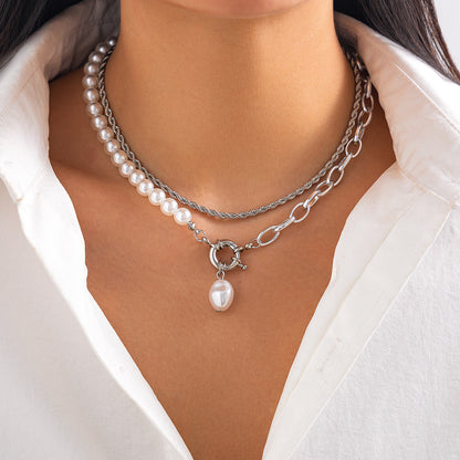 French teardrop shaped pearl pendant collarbone chain, fashionable irregular multi-layer alloy necklac