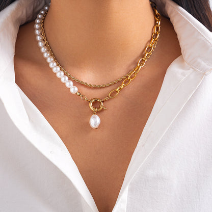 French teardrop shaped pearl pendant collarbone chain, fashionable irregular multi-layer alloy necklac