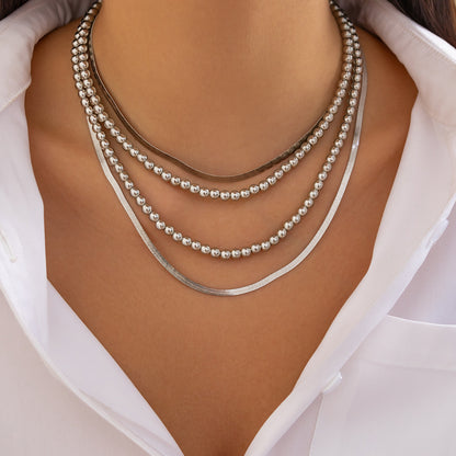 Hip hop style bead flat snake chain necklace set, geometric metal chain, collarbone chain